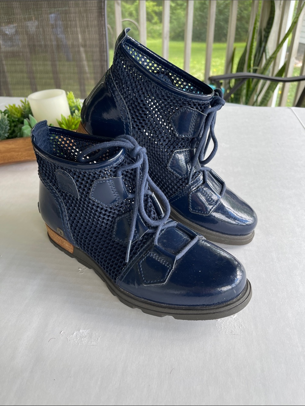 Sorel Navy Mesh Patent Lace-Up Ankle Boots